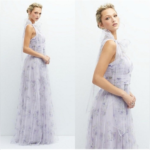 NWT Dessy Collection Floral Tie One Shoulder Gown Maxi Dress Lilac Haze Garden - Picture 1 of 16